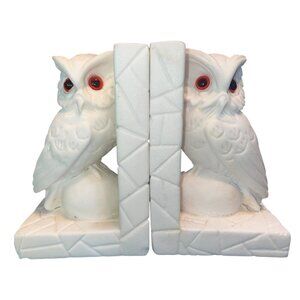 Vtg Alabaster Bookends White Cast Owl Red  Glass Eyes Made In Italy 8x6x3